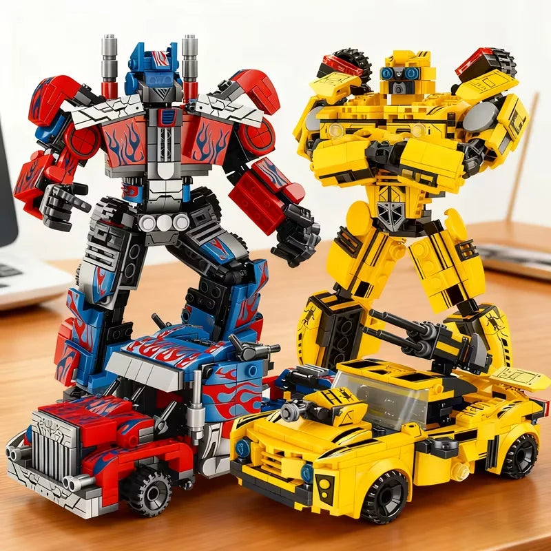 A set of two detailed, stylized robot figures in red and blue, built from puzzle pieces.