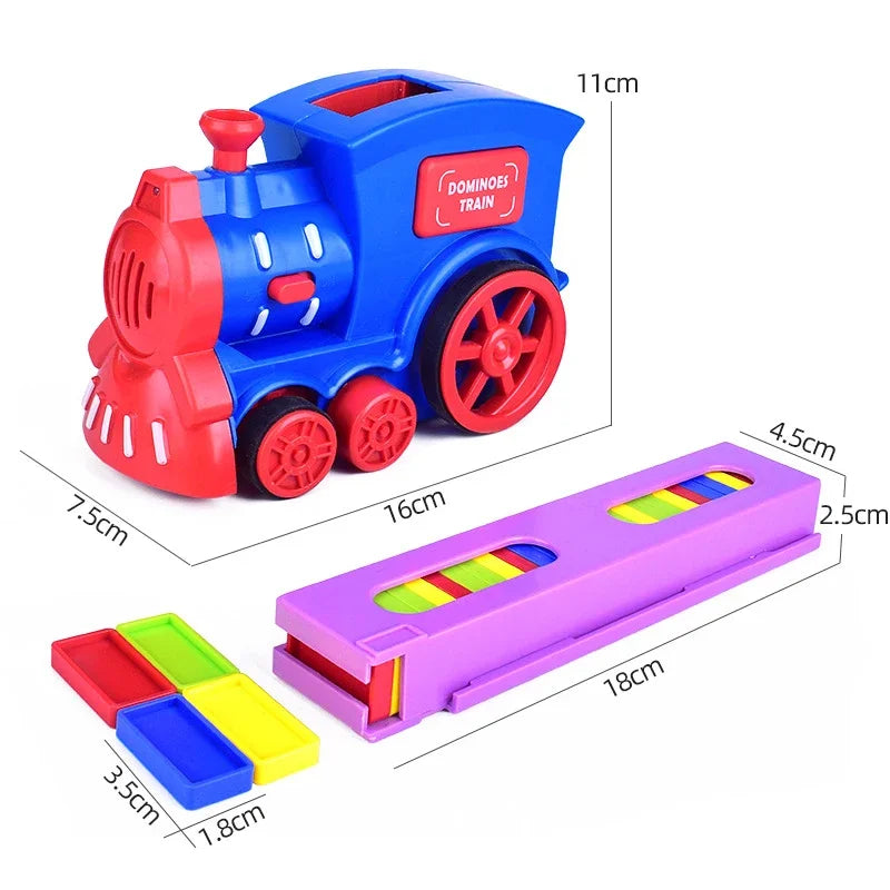 A blue Domino train toy with red accents and wheels, shown next to its disassembled components.