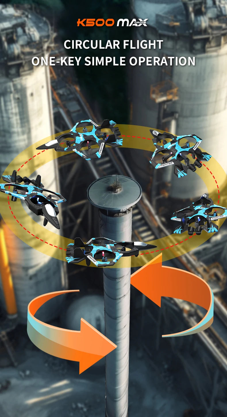 A K500 MAX circular flight one-key simple operation fighter plane is shown in flight against an industrial background.
