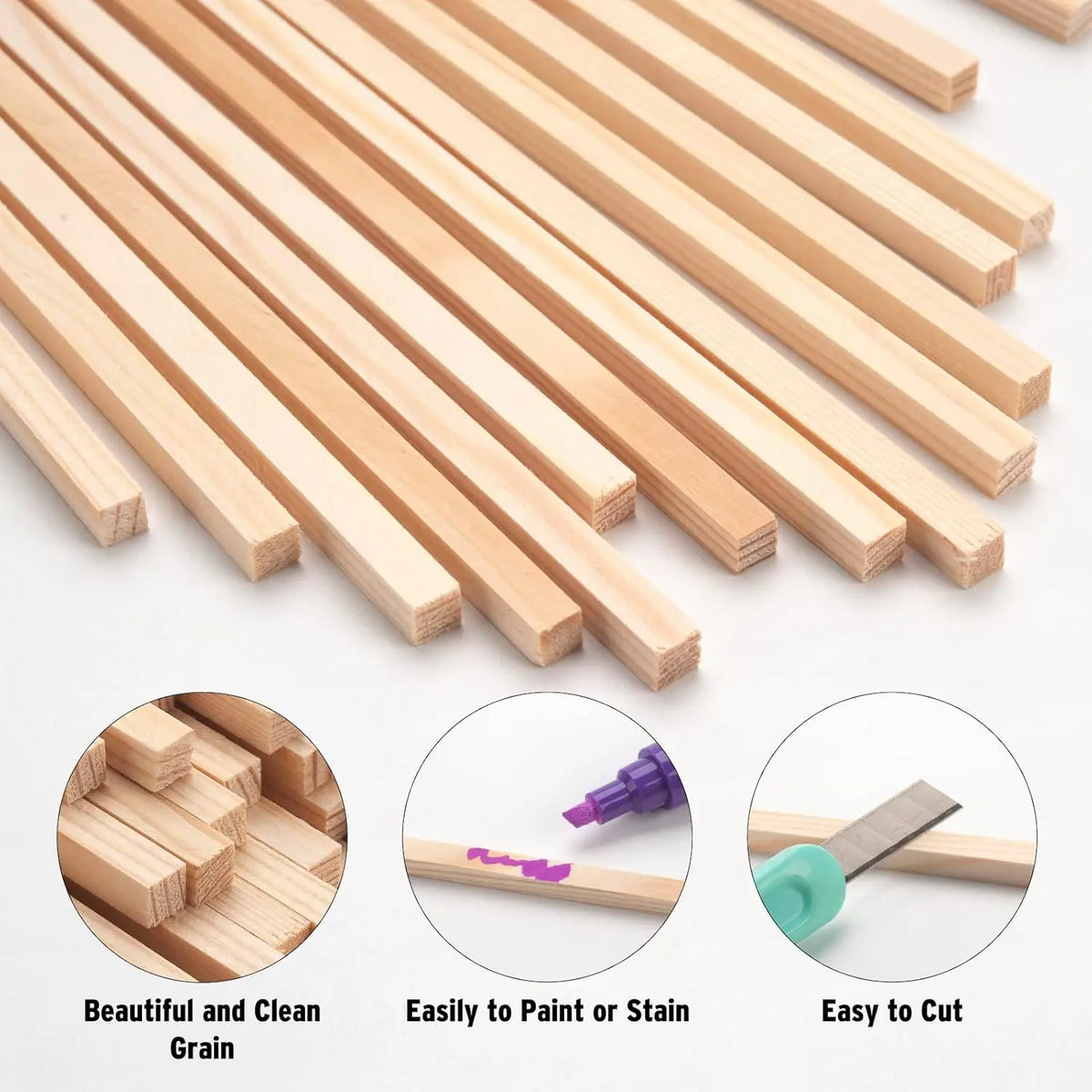 Natural hardwood square dowels in light wood color shown with close-ups demonstrating grain, paintability, and ease of cuttin