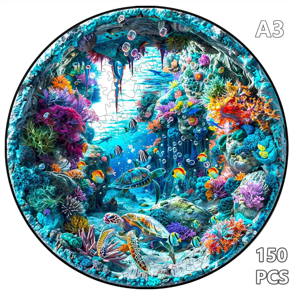 A circular wooden 3D animal puzzle featuring vibrant underwater marine life and coral in a jungle setting.