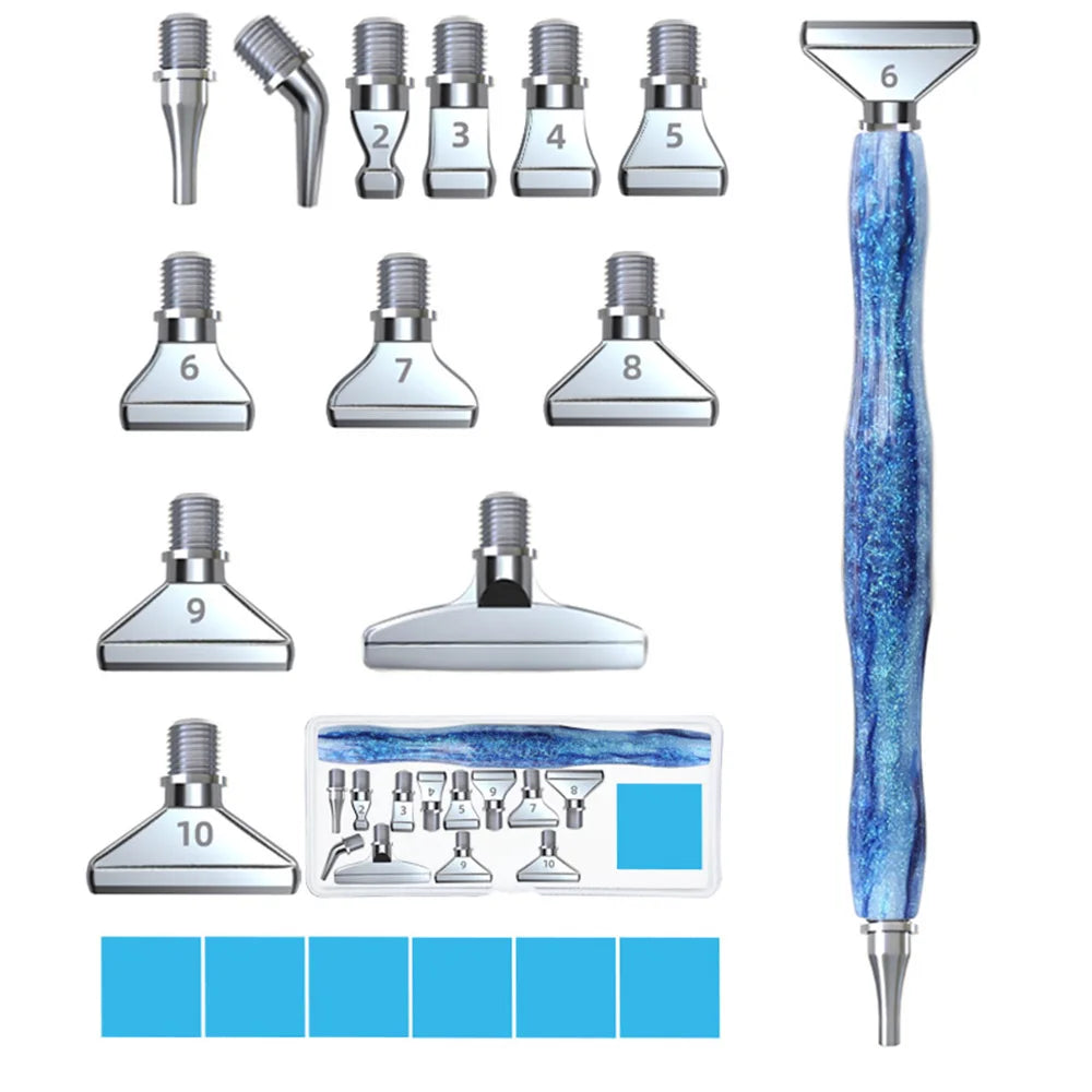 A set of ten diamond painting pens with interchangeable metal tips and multi-placers shown in various configurations.
