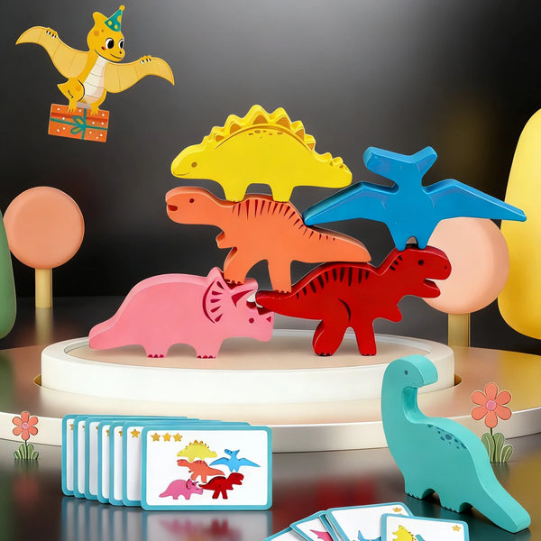 A set of wooden dinosaur stacking game pieces in various colors like yellow, orange, pink, and red, displayed on a round wood