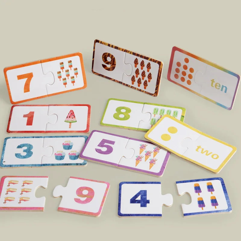 A collection of wooden number matching puzzles featuring numbers 1 through 9 and the word ten, arranged on a light background