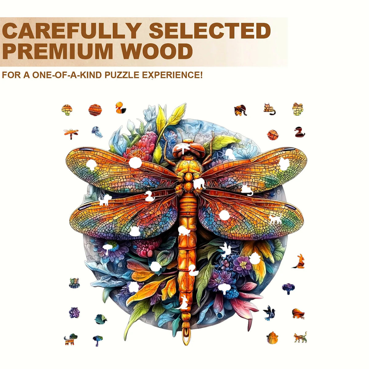 A detailed illustration of a large, colorful moth surrounded by various small animals and natural elements on a wooden backgr