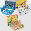 A set of wooden memory matching games featuring dinosaur and traffic themes, including various colored discs and cards.