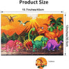 A jigsaw puzzle featuring various dinosaurs and prehistoric animals against a yellow background.