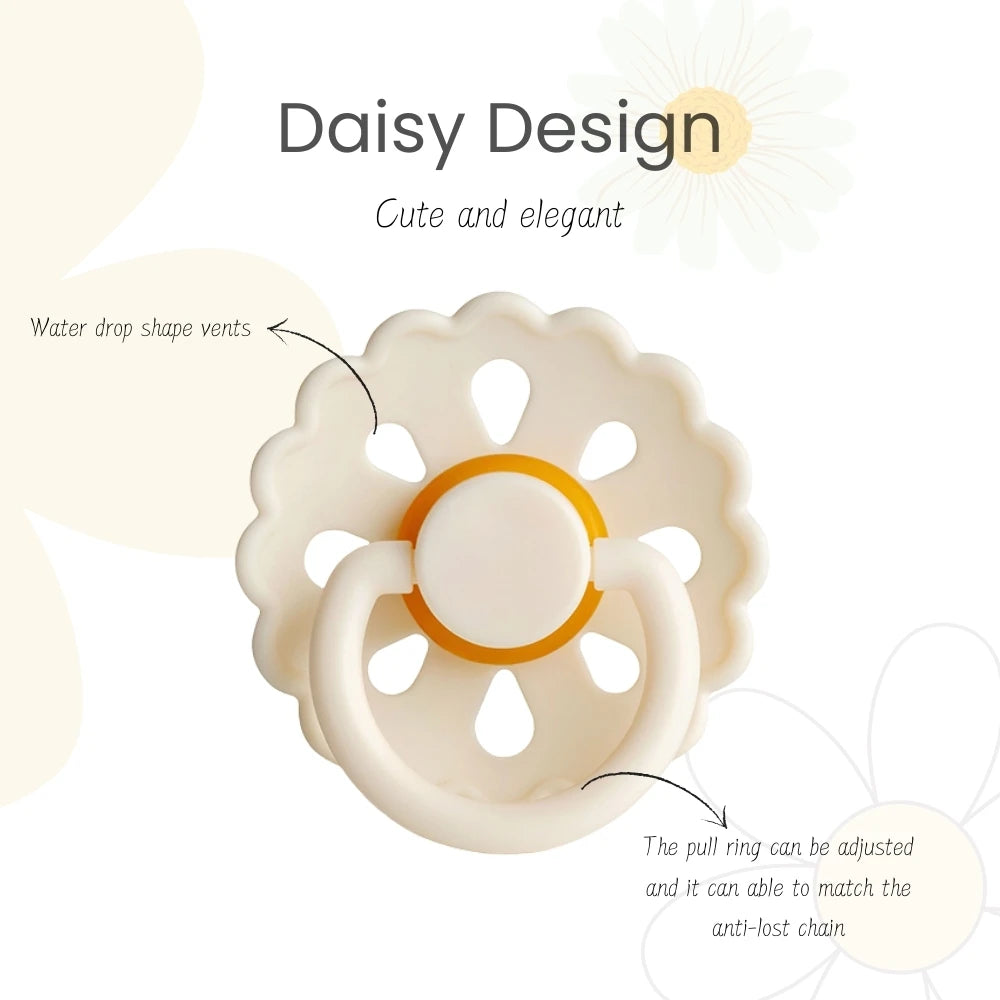 A white natural latex baby pacifier with a flower shape and a pull ring for adjusting the anti-lost chain.