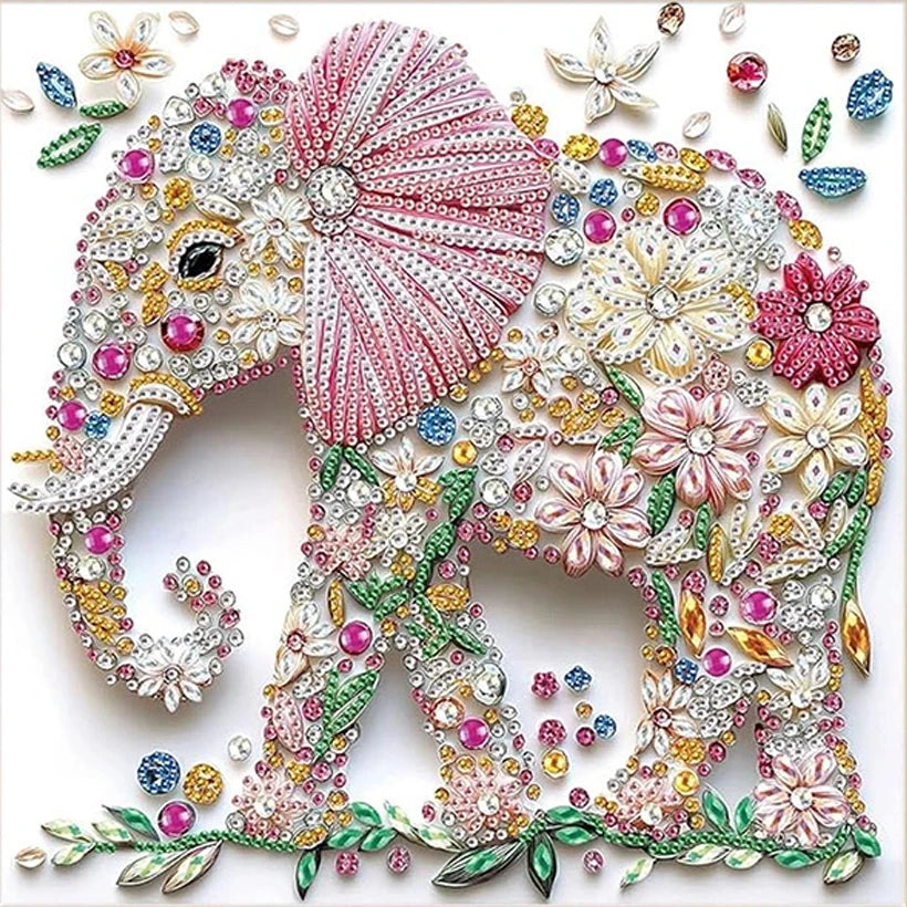 A detailed diamond painting of an elephant adorned with intricate floral patterns and sparkling embellishments.