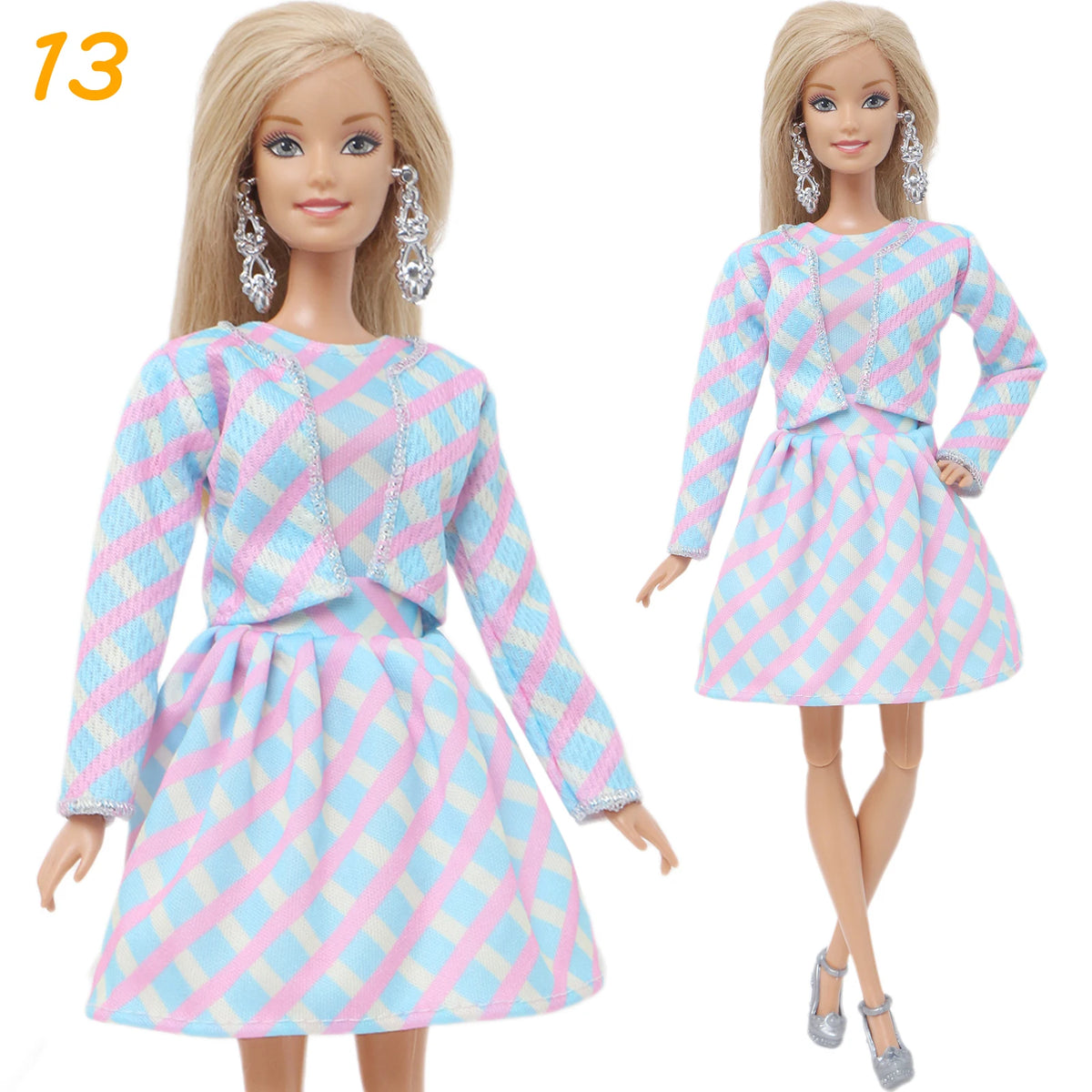 Fashion Doll Outfit Set – Wave Point Dress & Denim Grid Skirt for 11.5–12 Inch Dolls