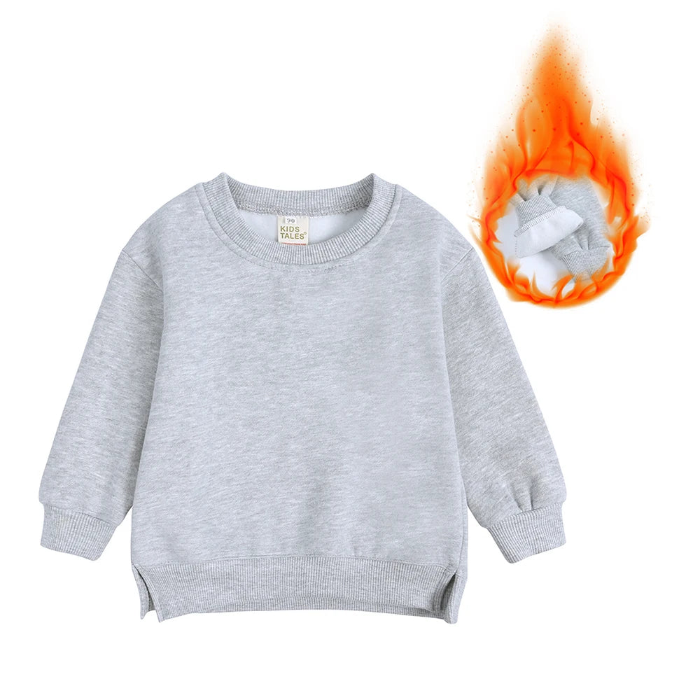 A light gray kids pullover hoodie is shown with an orange flame graphic surrounding it.