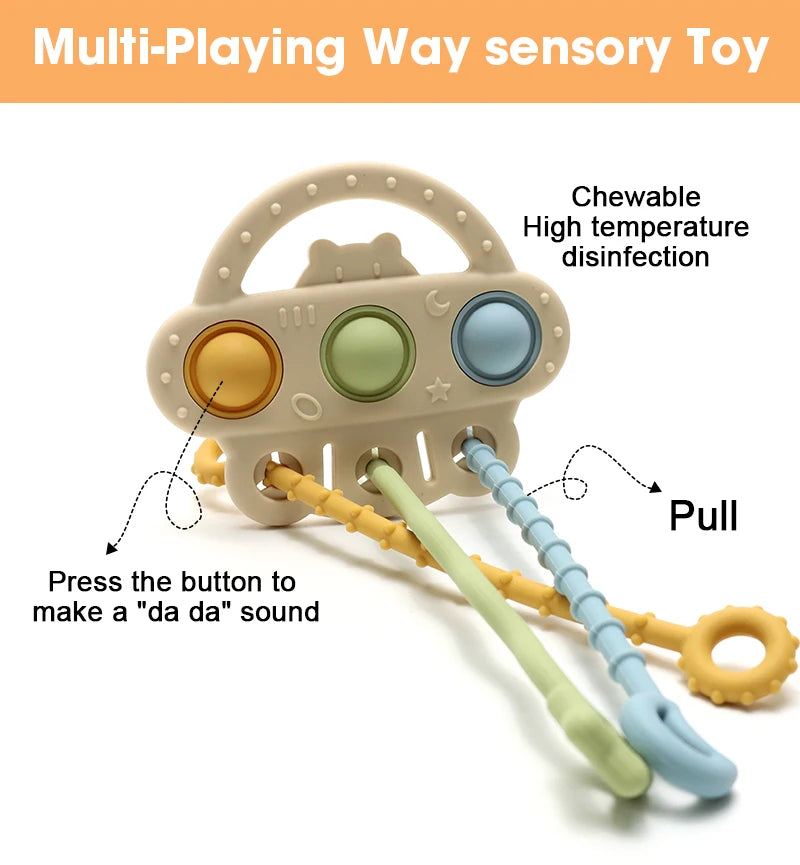 Bear Silicone Teether with Textured Pull String for Babies