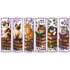Six vertical cross-stitch bookmarks featuring cats sitting on stacks of old books surrounded by purple flowers