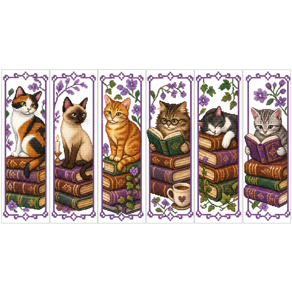 Six vertical cross-stitch bookmarks featuring cats sitting on stacks of old books surrounded by purple flowers