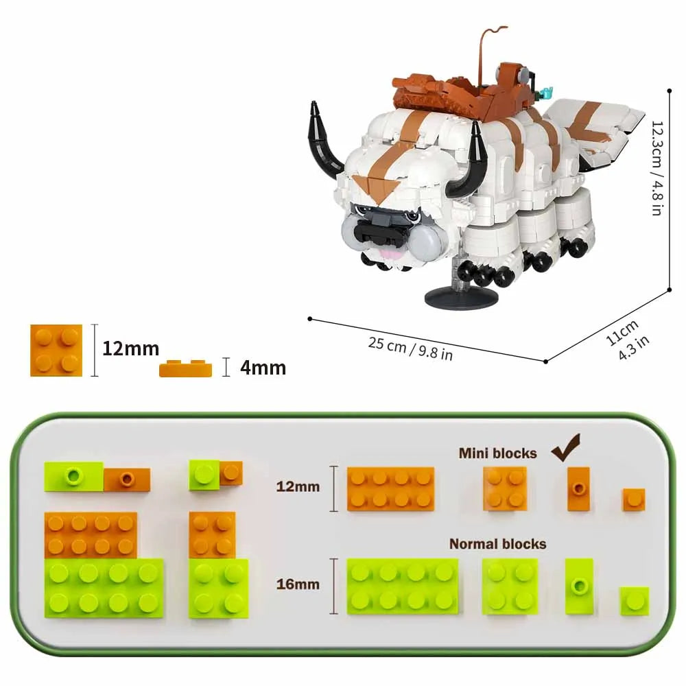 A model of a flying bison built from small plastic blocks with green, orange, and white colors.