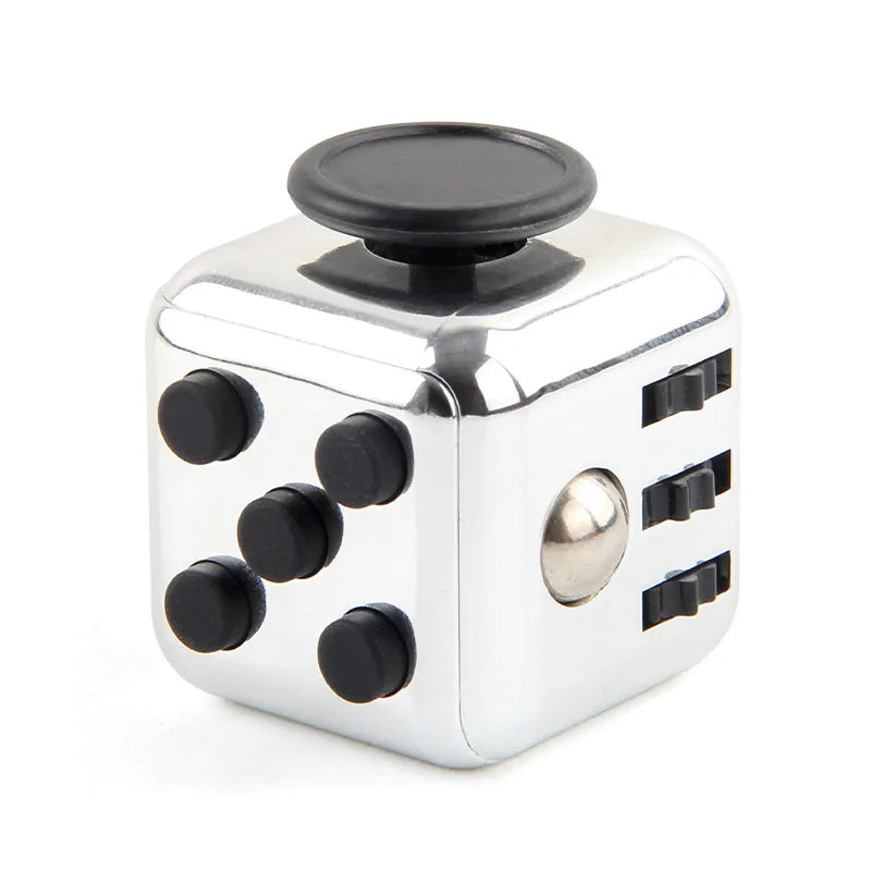 Silver fidget cube with black buttons and a round top