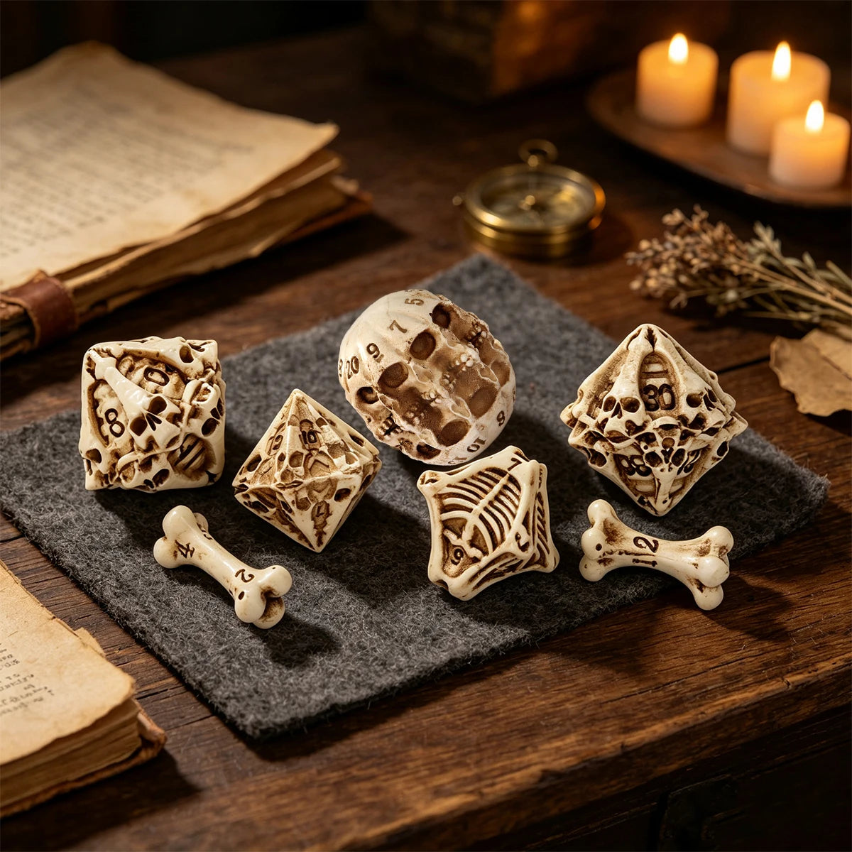 A set of carved bone skull polyhedral dice resting on a dark fabric next to old books and candles.