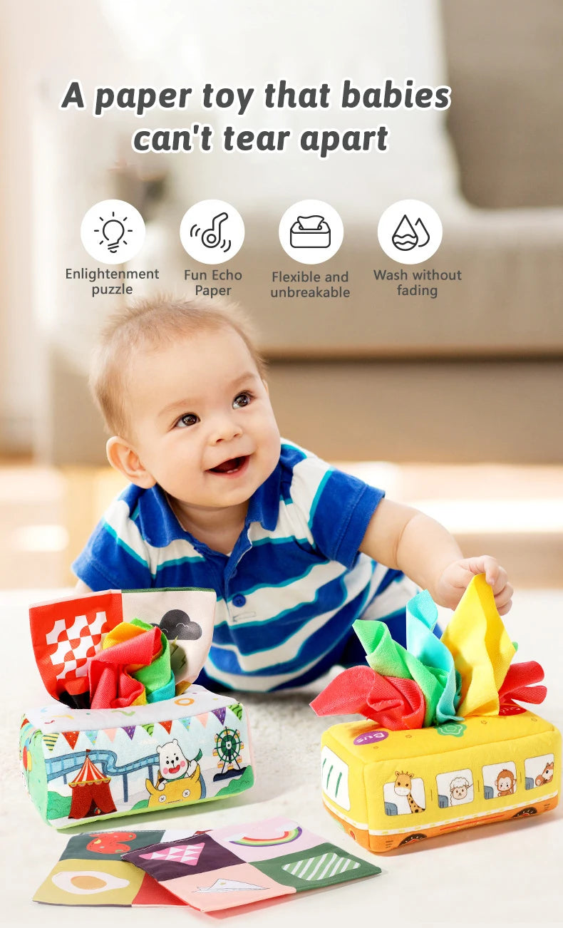 Sensory Tissue Box Toy with Crinkle Paper and Silky Scarves