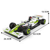 A white and lime green 1:8 scale formula racing car building set with wheels and chassis components.