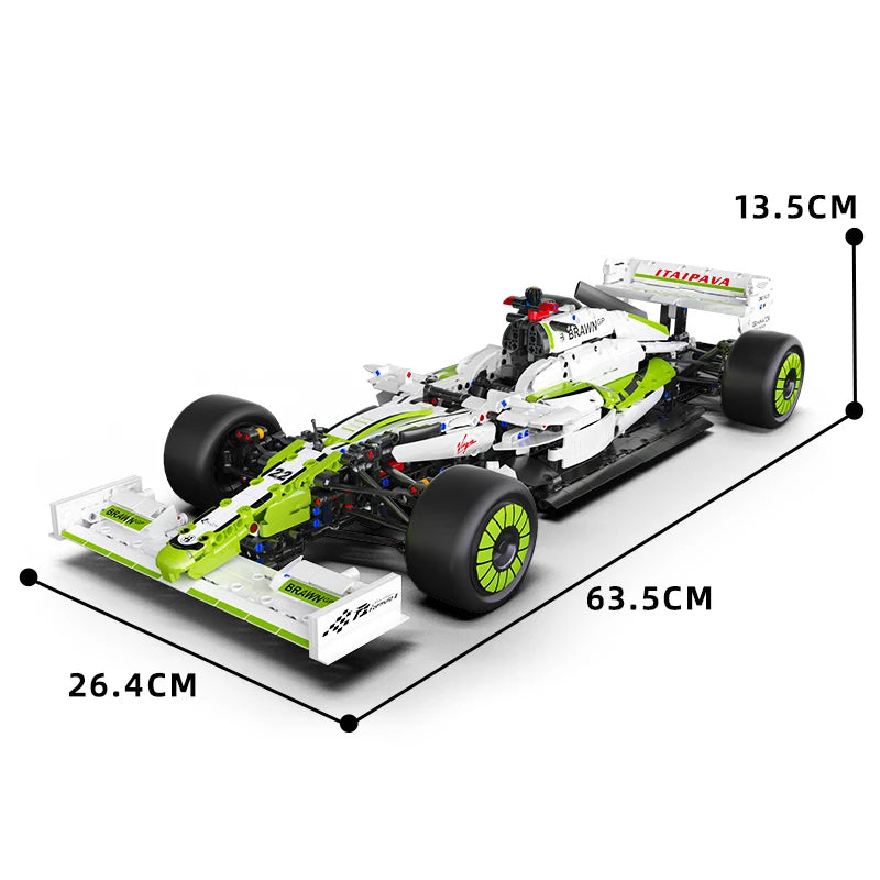 A white and lime green 1:8 scale formula racing car building set with wheels and chassis components.