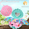 A pink and teal cosmetic shell toy set for children featuring various makeup items like lipstick and eyeshadows.