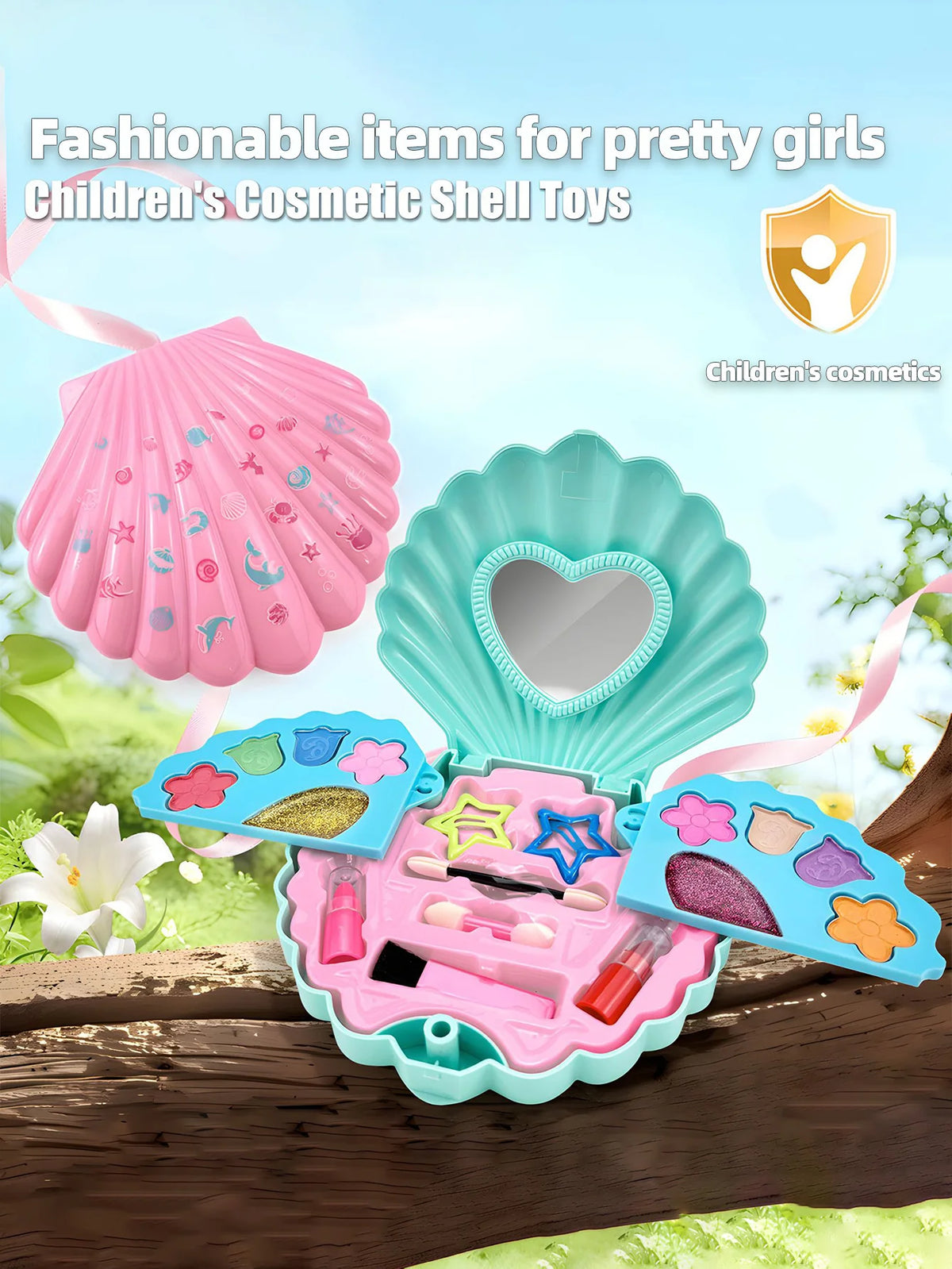 A pink and teal cosmetic shell toy set for children featuring various makeup items like lipstick and eyeshadows.