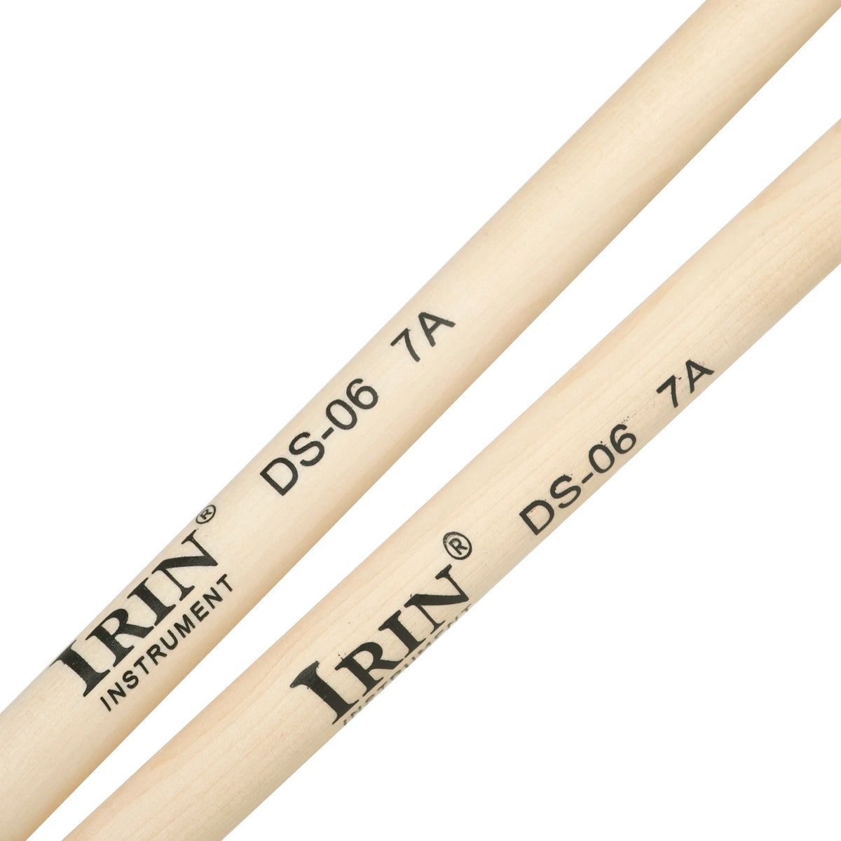 Pair of light wood maple drumsticks labeled DS-06 7A and IRIN INSTRUMENT brand.