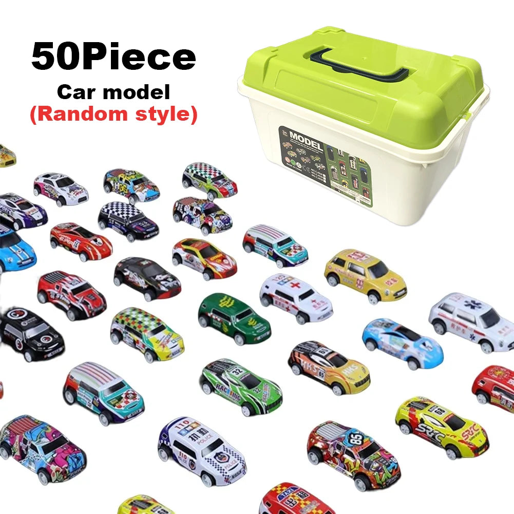 A collection of 50 assorted mini pull-back cars in various colors and styles displayed next to a green storage bucket.