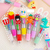A collection of cute cartoon four-color ballpoint pens featuring various animal characters and bright colors.