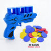 Blue soft foam flying disc launcher toy with 30 round colored bullets
