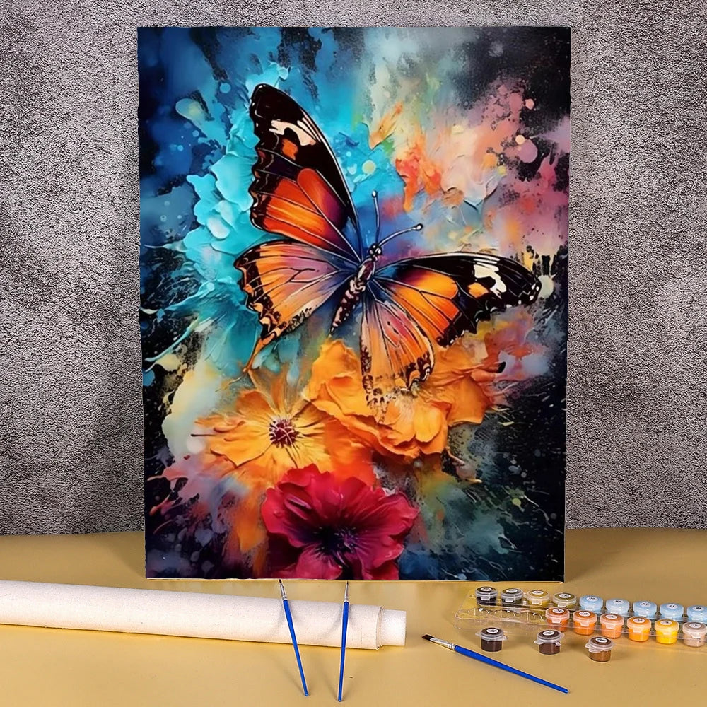 A vibrant painting of an orange and black butterfly with floral accents on a canvas.