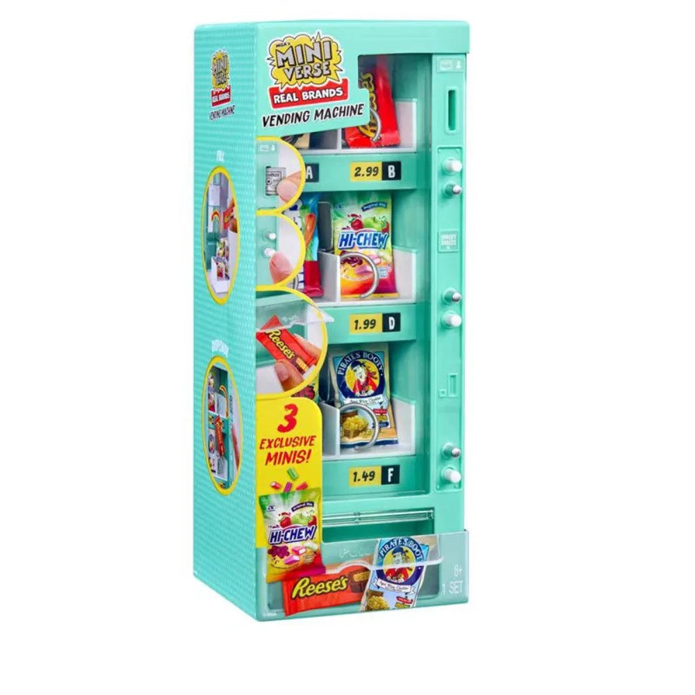 A green mini vending machine toy with various snack dispensers and balls inside.
