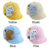 A set of five baby cotton baseball caps in yellow, khaki, blue, and pink, featuring cute rabbit ear designs.