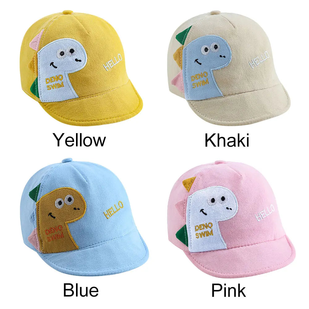 A set of five baby cotton baseball caps in yellow, khaki, blue, and pink, featuring cute rabbit ear designs.