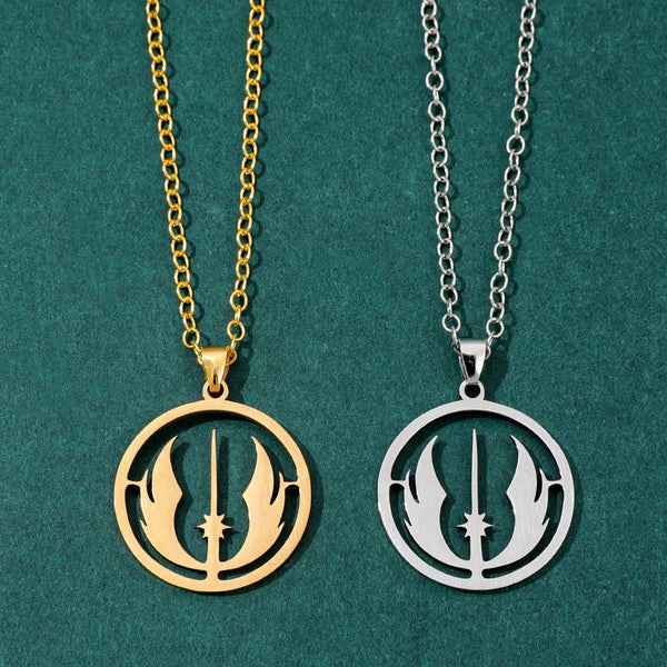 A pair of gold and silver stainless steel necklaces featuring a Jedi Order themed design on circular pendants.