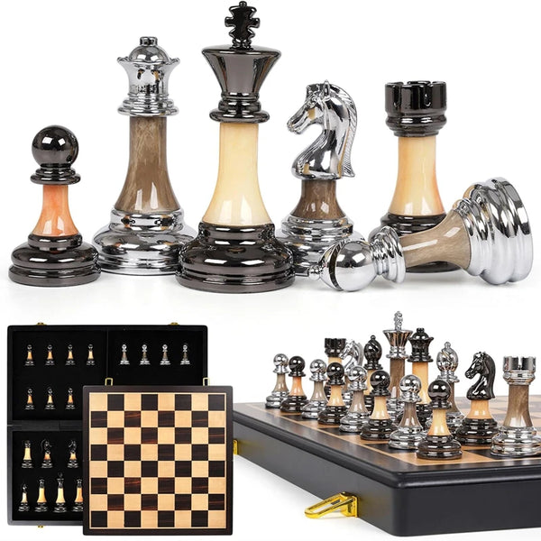 A premium solid wood chess set featuring electroplated acrylic pieces and a checkered board.