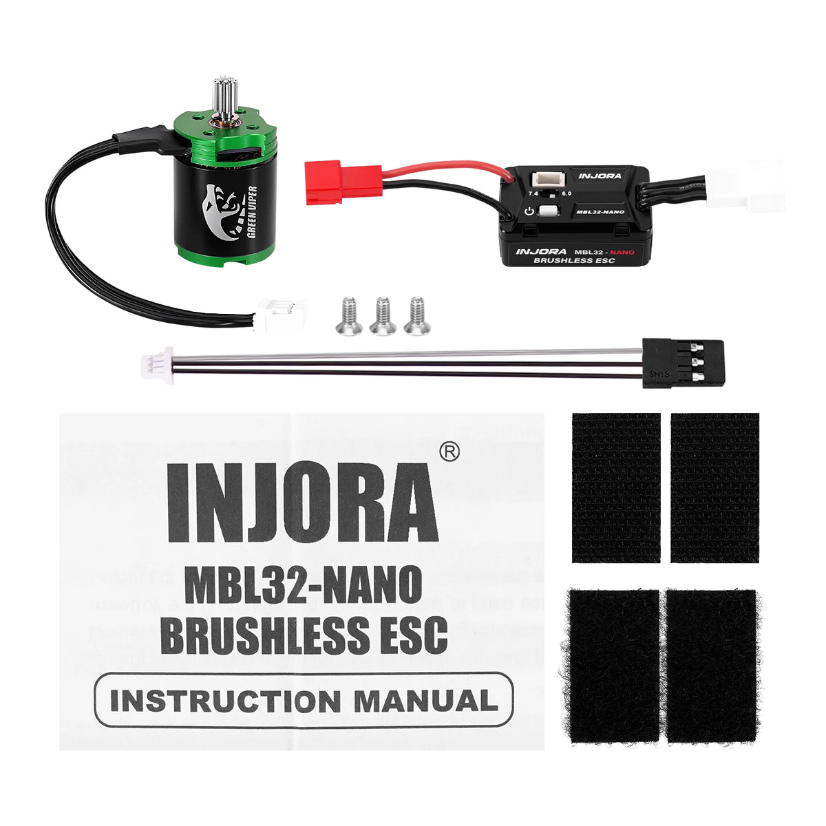INJORA MBL32-NANO brushless ESC and motor combo with various wires and components.