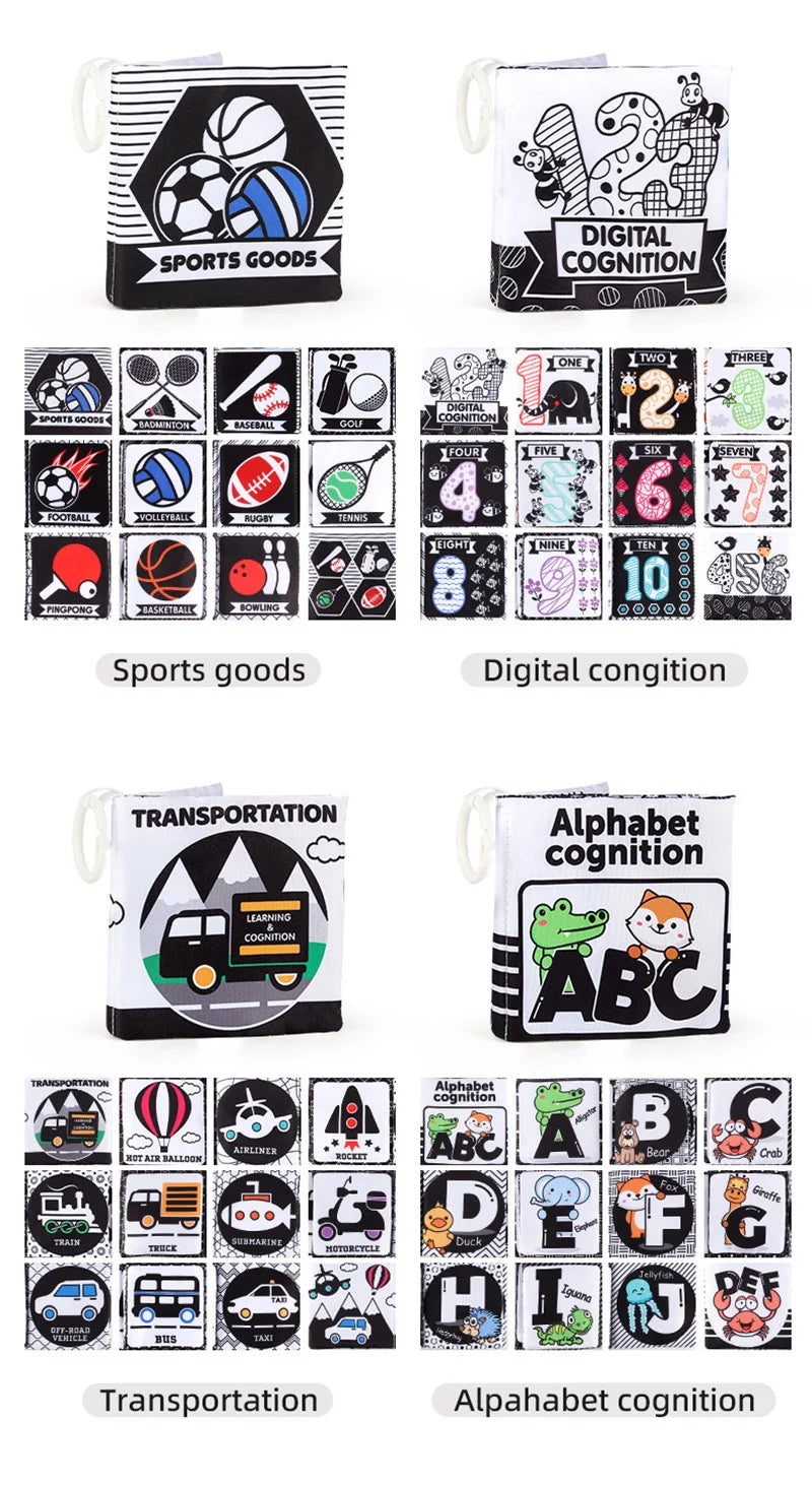 A collection of educational cloth books featuring sports goods, digital cognition, and alphabet cognition for early learning.