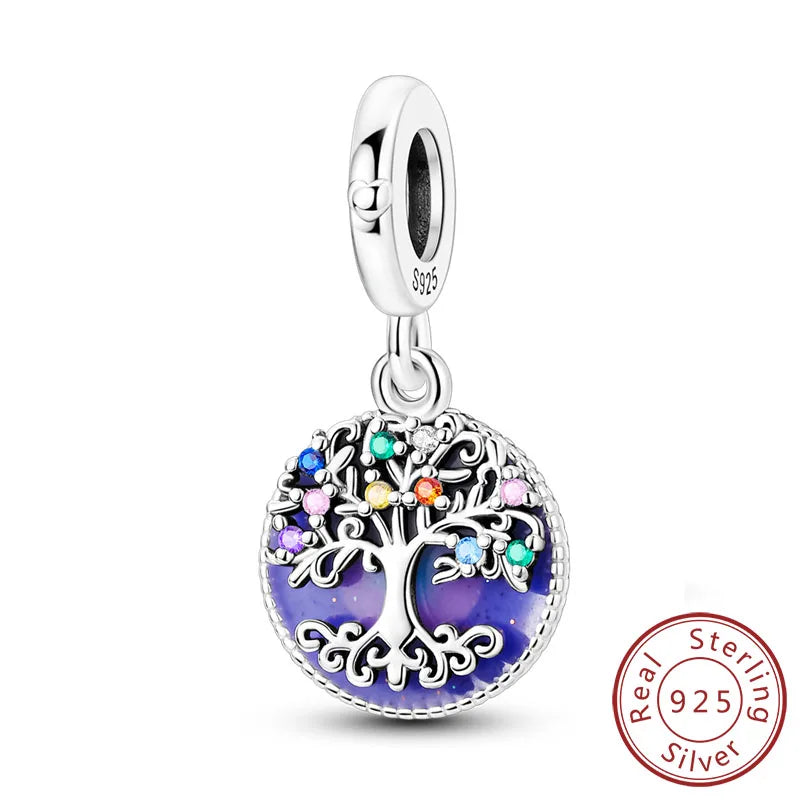 Sterling silver heart charm bead with a detailed tree design featuring colorful gemstones