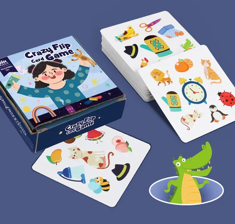 A box and several cards of a Crazy Flip Card Game featuring various animals for memory matching.