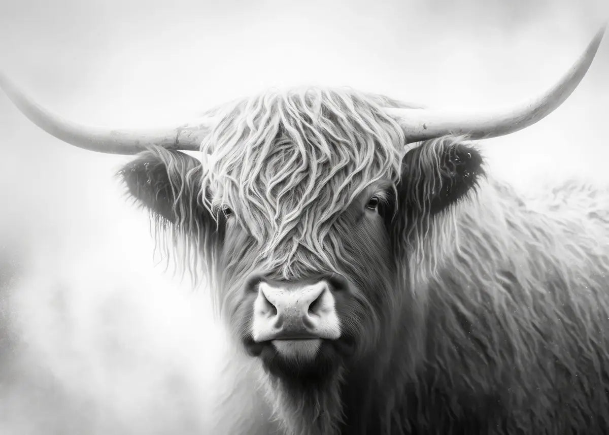 Black and white close-up portrait of a Scottish Highlander cow with long horns looking directly at the viewer.