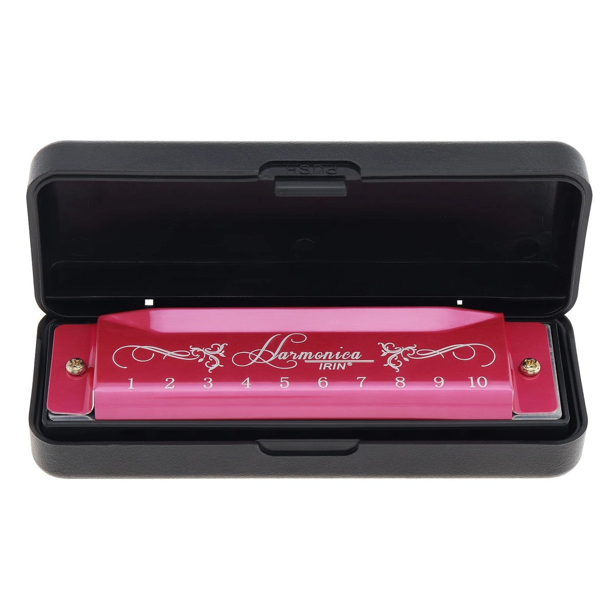 A black harmonica case with a pink and black 10-hole diatonic harmonica inside.