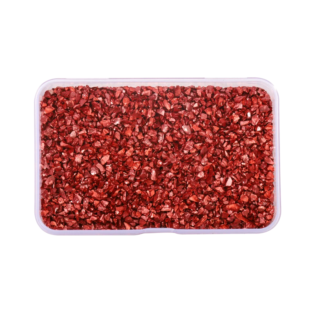 A clear plastic container filled with reddish-brown crushed glass stones for resin and craft projects.