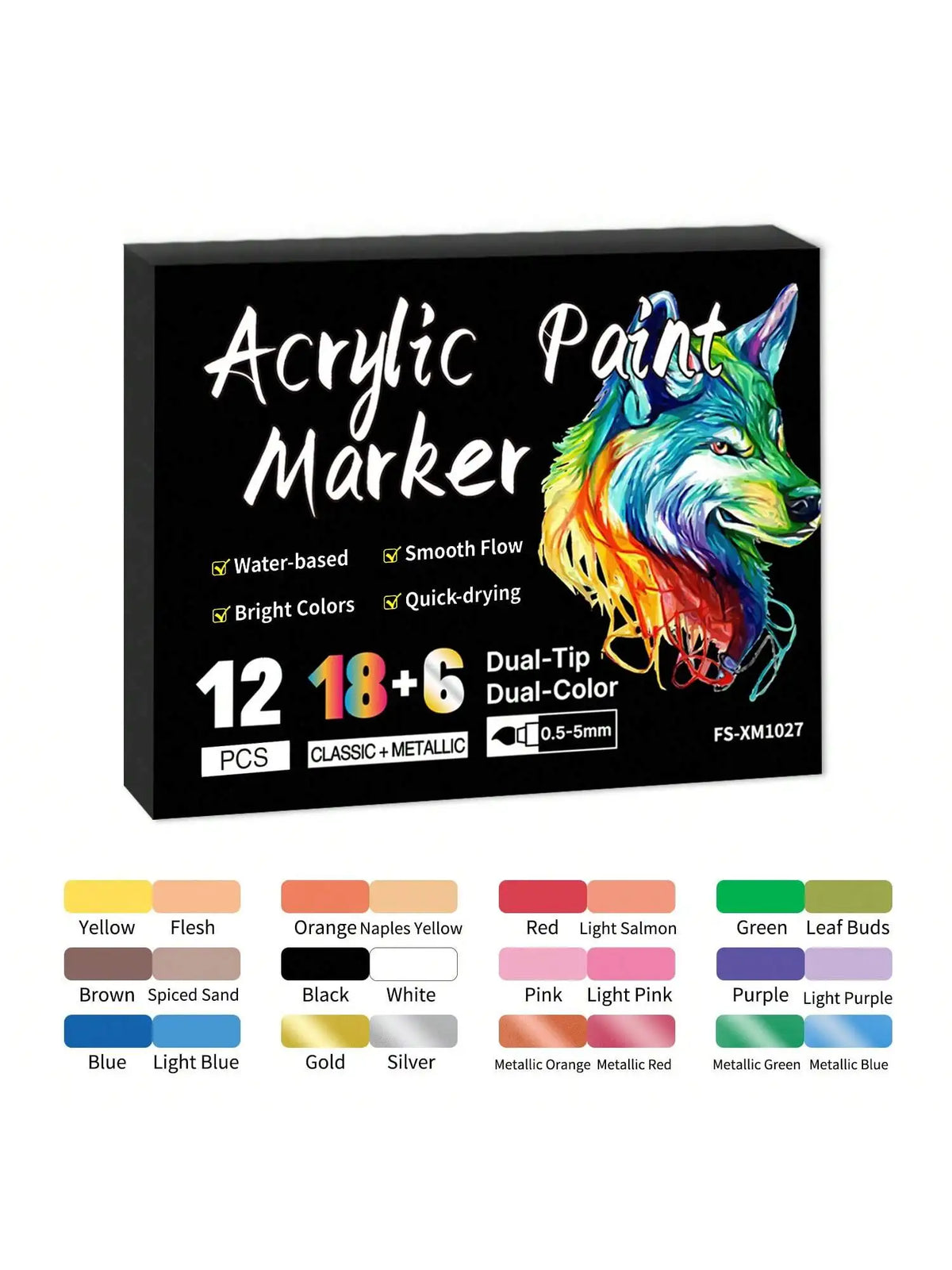 A set of 12 dual-tip acrylic paint markers featuring various bright colors including yellow, red, green, and purple.