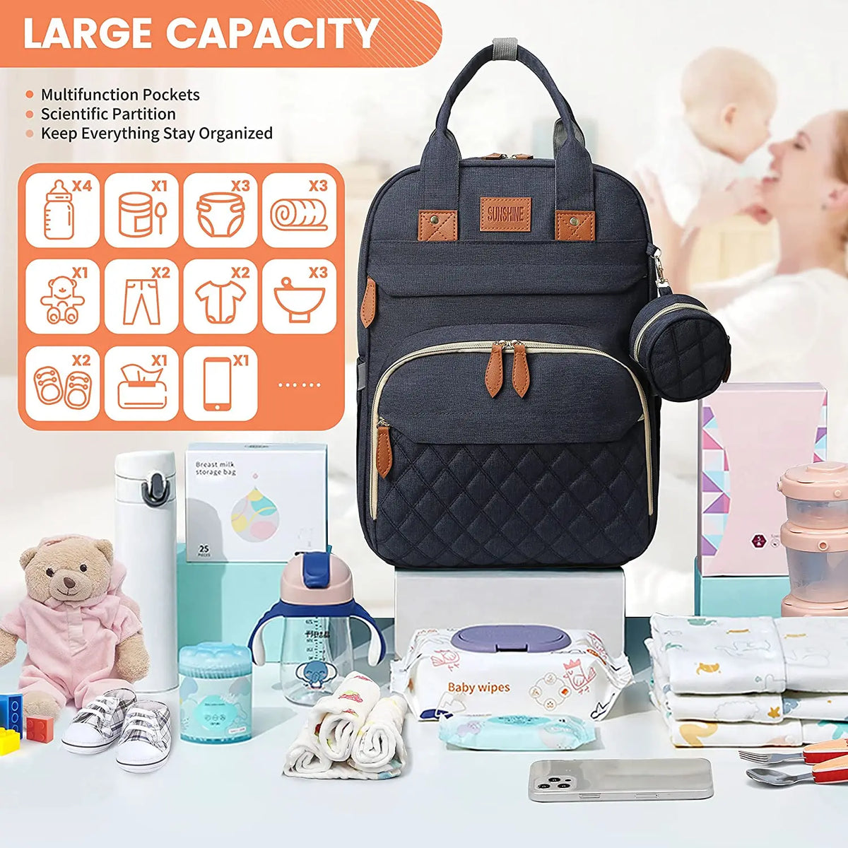 A dark blue multifunctional diaper bag backpack shown with various baby items and a changing pad.