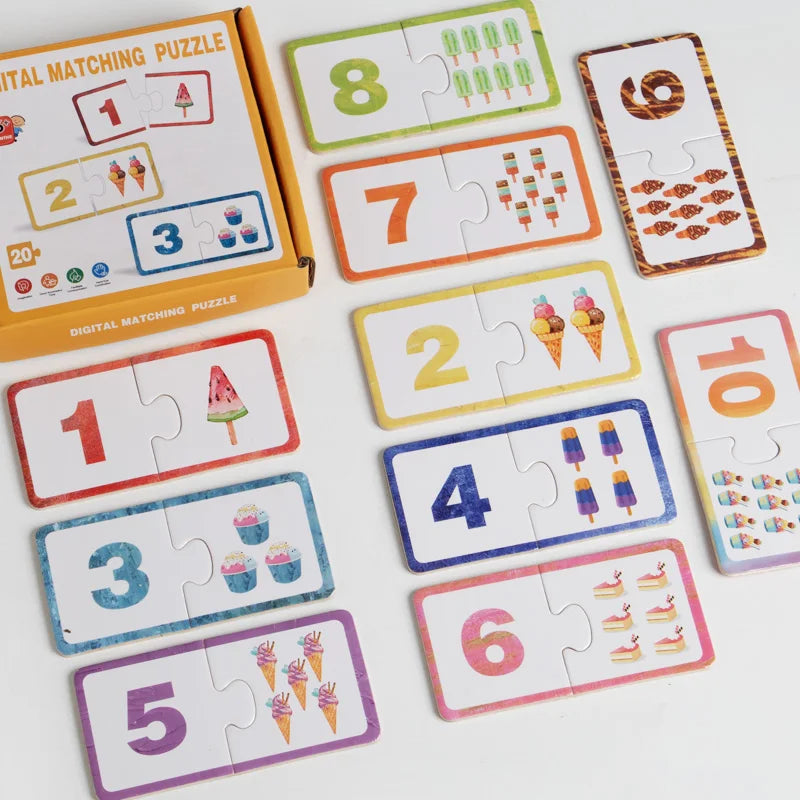 A collection of wooden number matching puzzles featuring numbers 1 through 10, with colorful designs and various colors.
