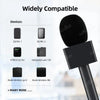 A black microphone is shown with a wide compatibility list for various devices like DJI Mic, Hollywood Lark 150, and Rode Wir