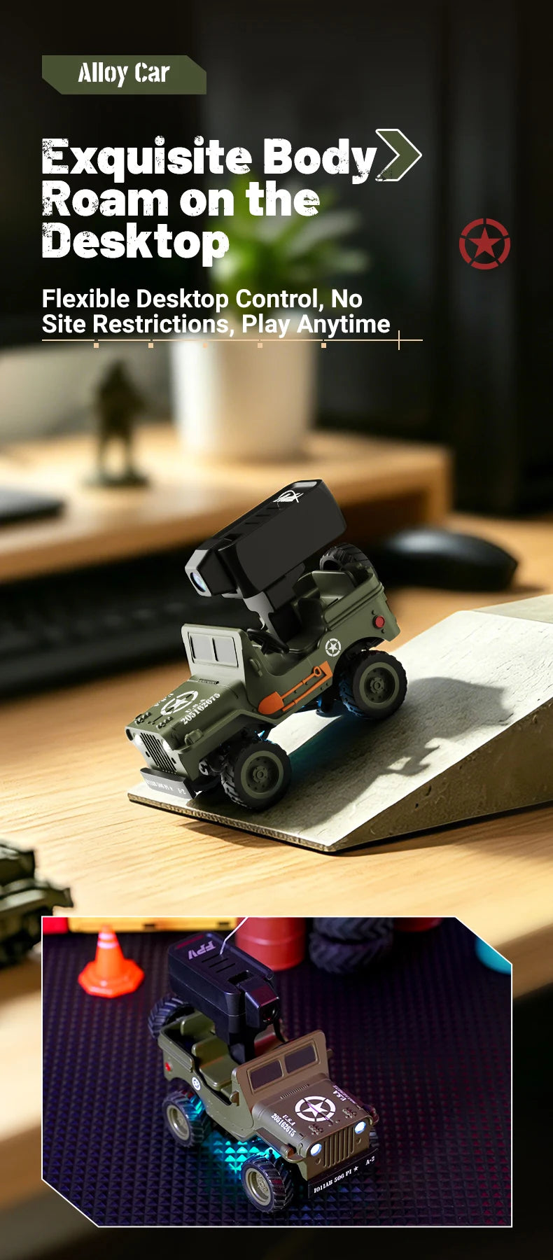 A green and black 1:64 scale RC Jeep Willys 4WD off-road crawler is shown on a wooden desk surface.