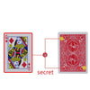 A close-up view of a playing card with a marked design on the front and a secret mark on the back.