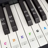 A close-up view of piano keyboard keys with note stickers on white and black keys.